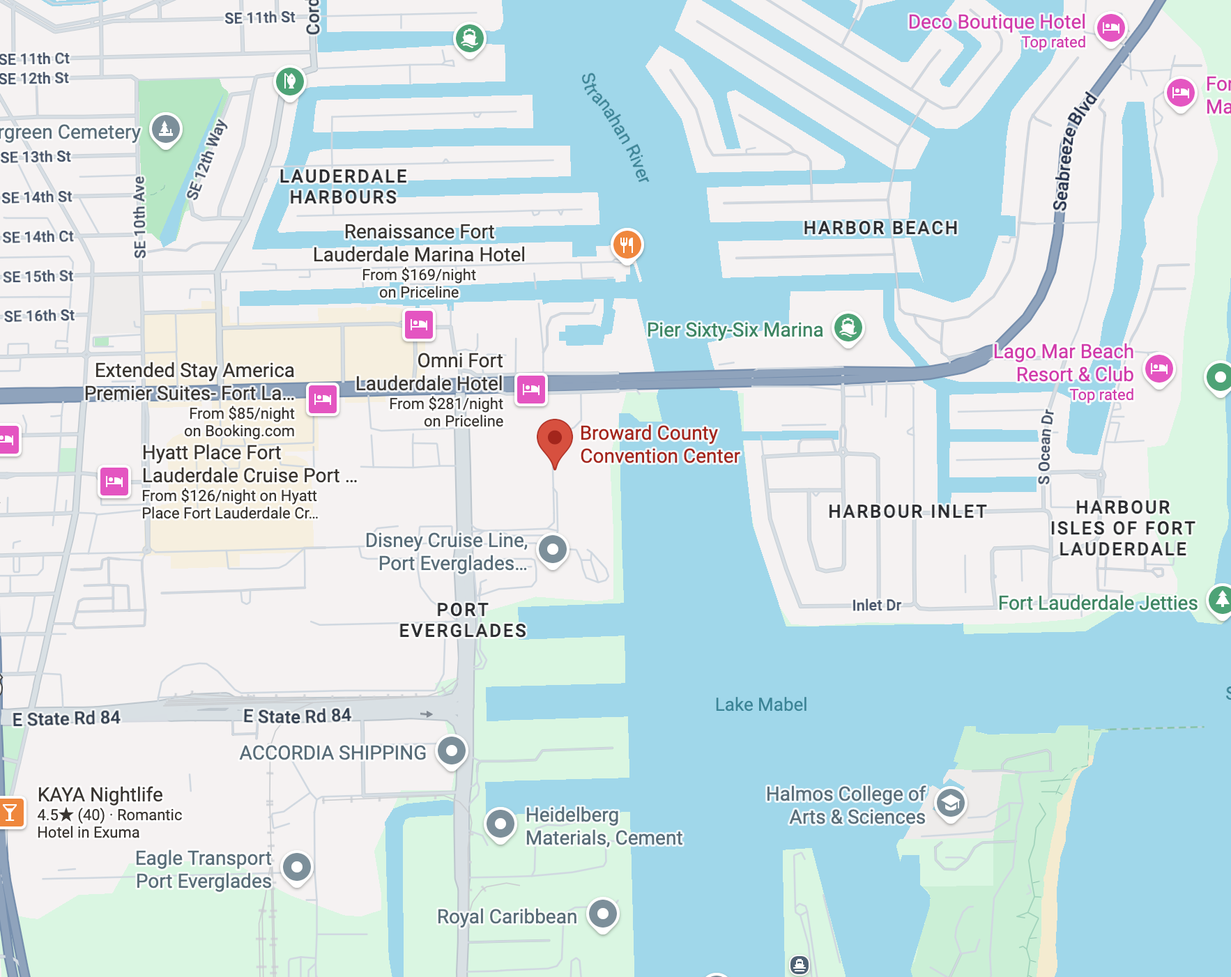 Map showing the Broward County Convention Center at 1950 Eisenhower Blvd, Fort Lauderdale, FL 33316